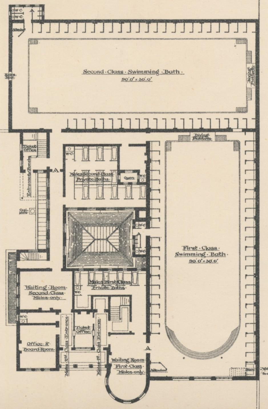 Plan of Lewisham Public Baths at Ladywell, The Builder, 1 December 1883