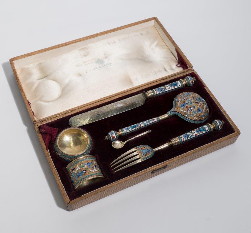 Wooden Box with Champlevé Enamel Cutlery Pieces